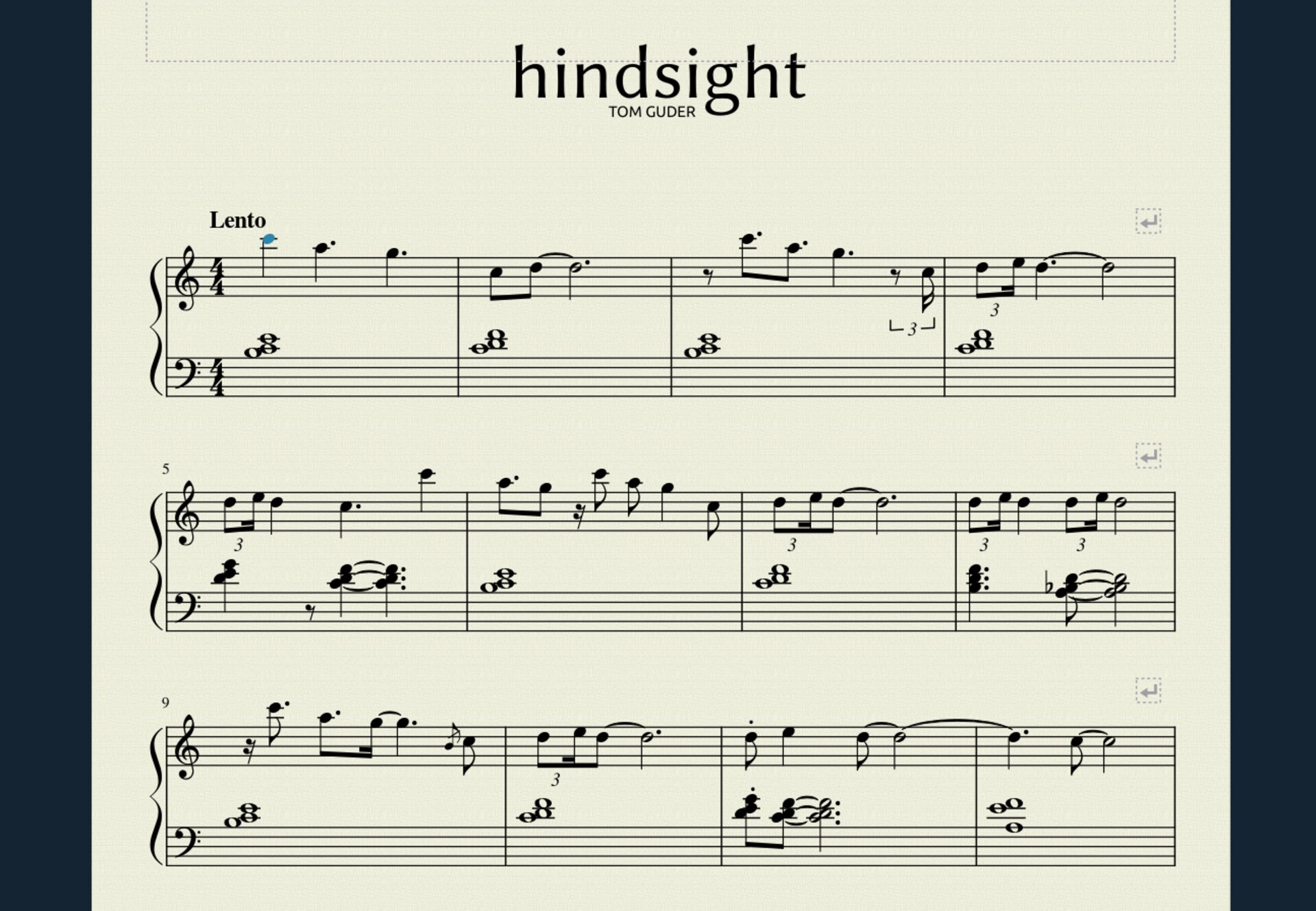 Sheet music score for Tom Guder's piano composition, hindsight, displayed with elegant musical notation.