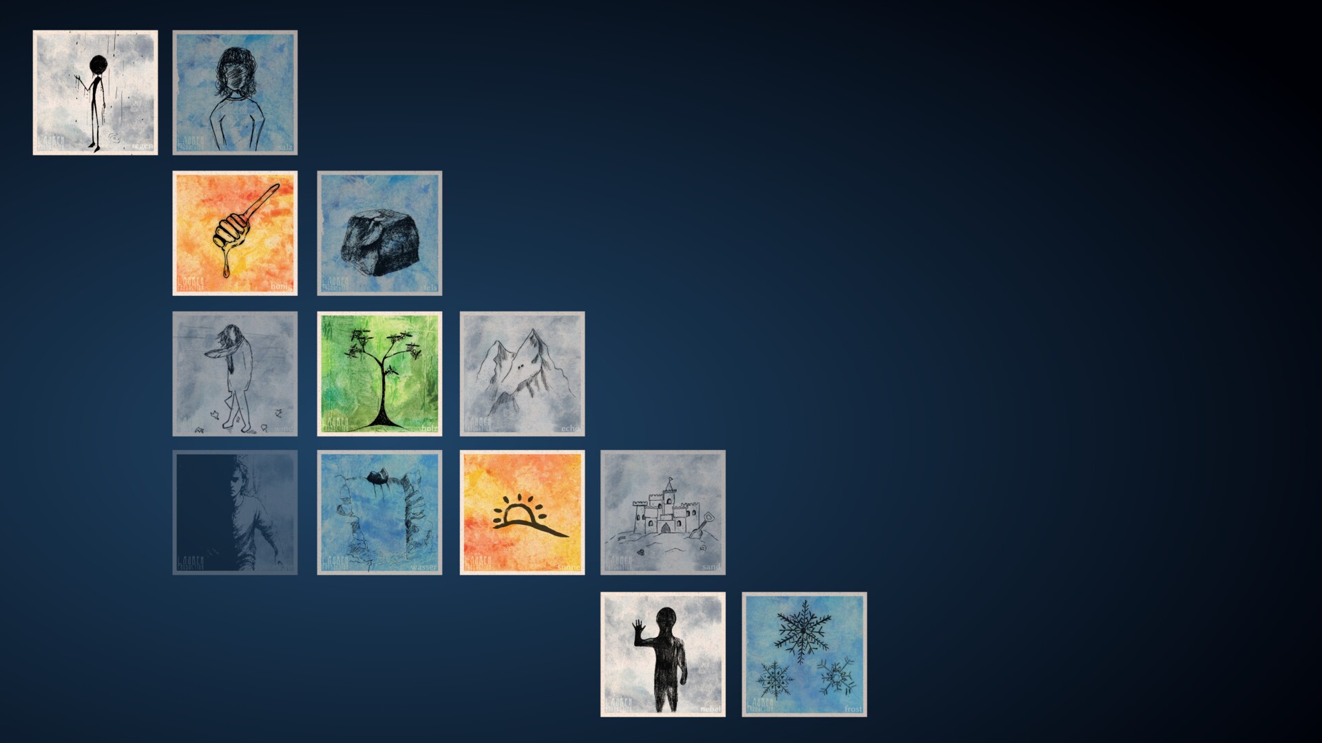 A diverse collection of mixed media sketches and paintings exploring human emotion and natural beauty.