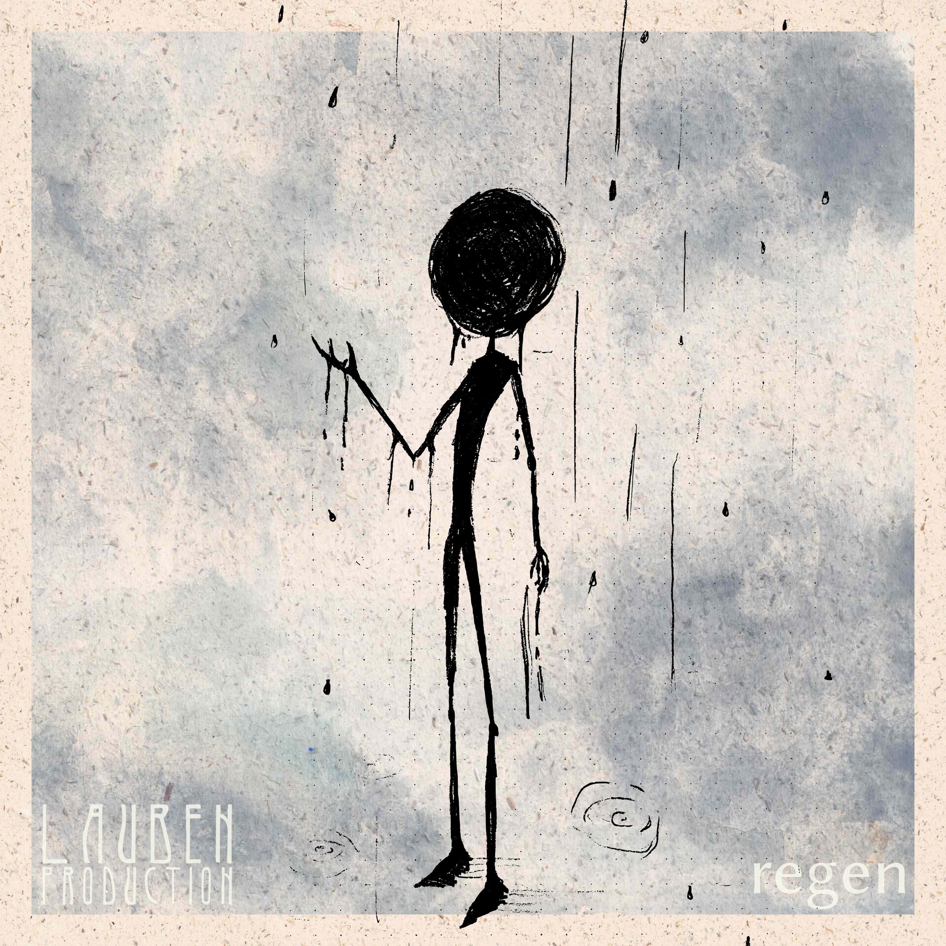 Minimalist sketch of a solitary figure under falling lines, evoking a quiet and pensive mood.