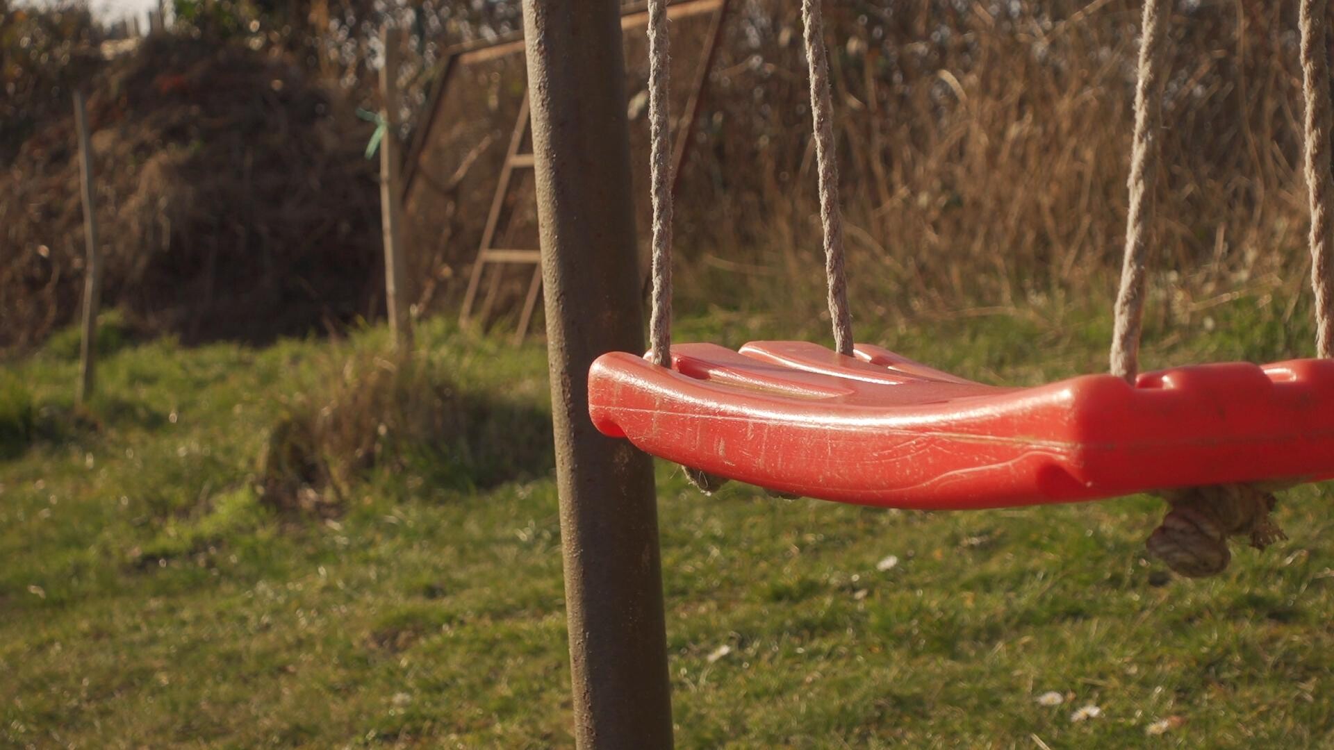 A splash of red against the green, evoking the simple, rhythmic joy of childhood memory.